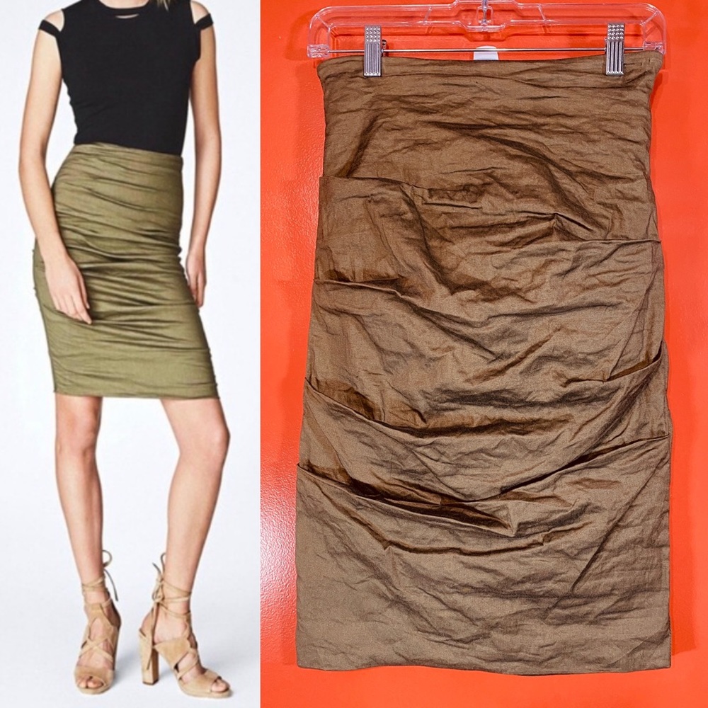 NWT Nicole Miller Atelier Cotton Metal Sandy Skirt Olive Green Sz 6
